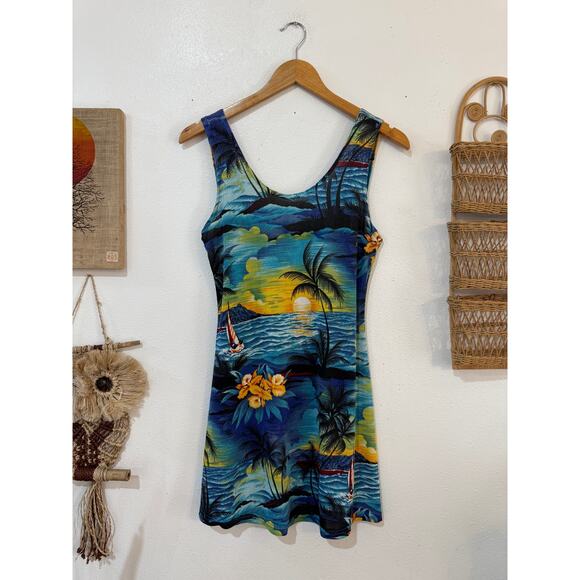 90s Slinky Hawaiian Print Mini Dress - Picture 2 of 8